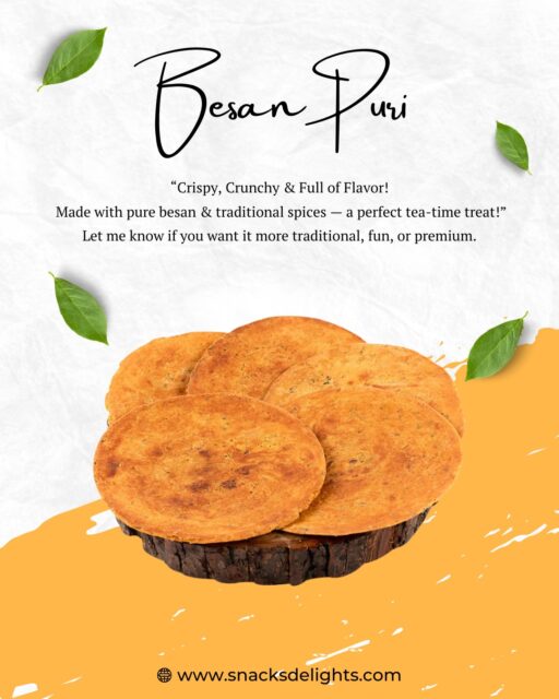 Our homemade Besan Puri is the perfect snack for your chai-time cravings.
Made with pure besan, handpicked spices & lots of love 💛
Taste the crunch of tradition in every bite!

🫖✨ Order now from Snacks Delights!

#BesanPuri #IndianSnacks #HomemadeSnacks #SnacksDelights #CrispyGoodness #TeaTimeSnacks #BikaneriTaste #DesiCrunch #FoodieIndia #NamkeenLovers #TraditionalSnacks #HandmadeWithLove #authentictaste