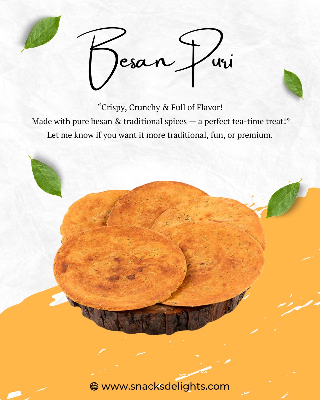 Our homemade Besan Puri is the perfect snack for your chai-time cravings.
Made with pure besan, handpicked spices & lots of love 💛
Taste the crunch of tradition in every bite!
🫖✨ Order now from Snacks Delights!
#BesanPuri #IndianSnacks #HomemadeSnacks #SnacksDelights #CrispyGoodness #TeaTimeSnacks #BikaneriTaste #DesiCrunch #FoodieIndia #NamkeenLovers #TraditionalSnacks #HandmadeWithLove #authentictaste