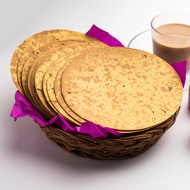 Methi Khakhra served in basket with tea